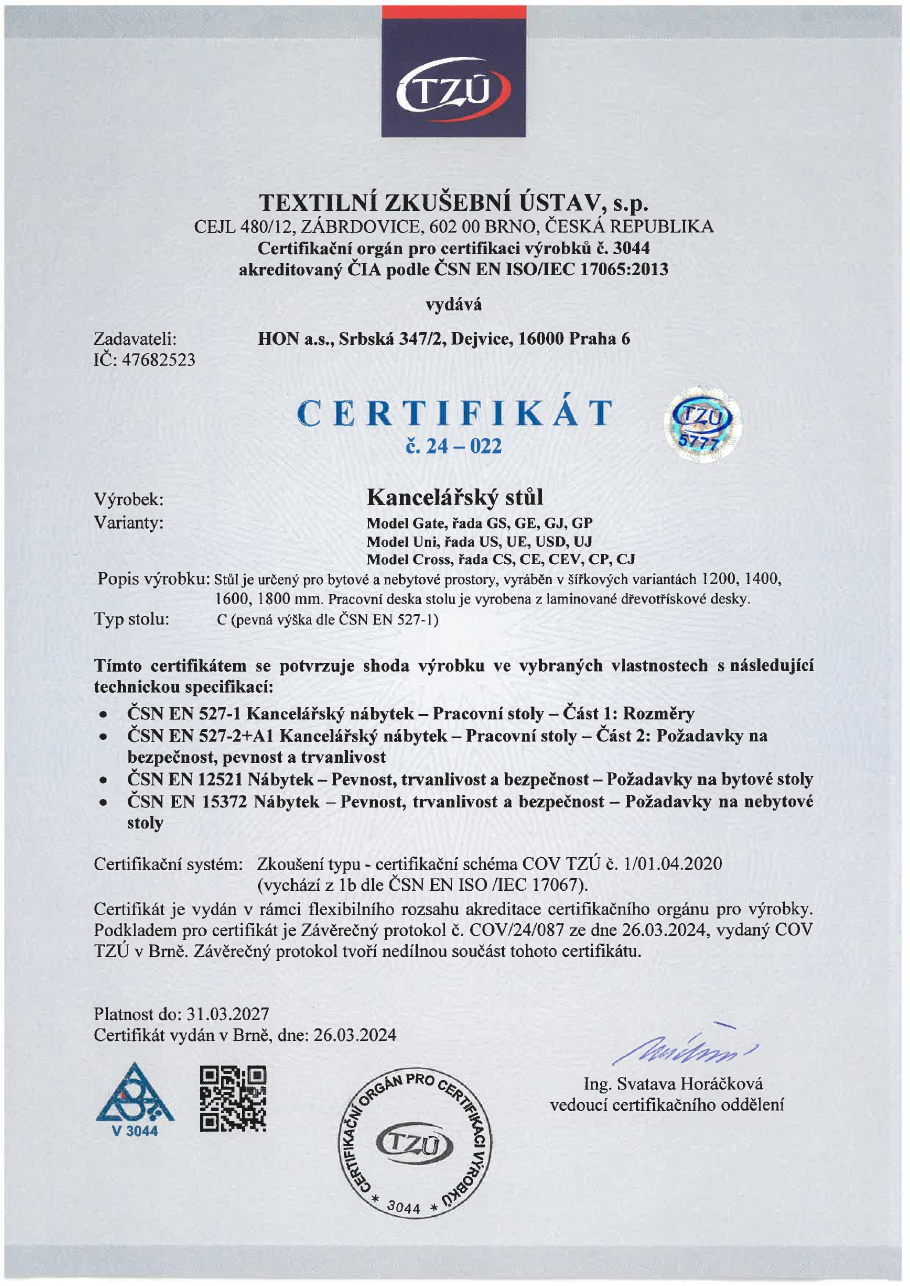 Certifikát kvality HOBIS stoly — TZÚ