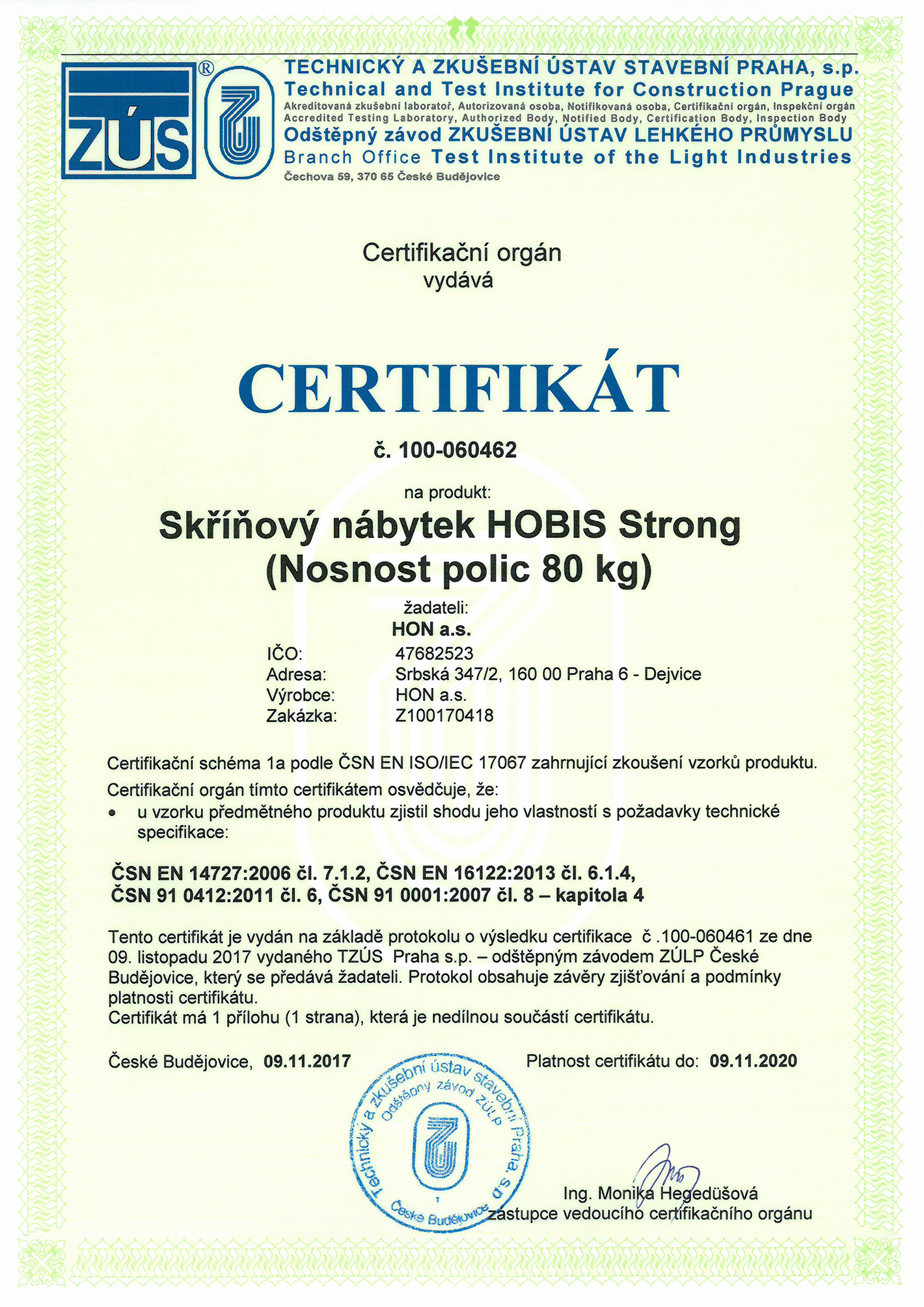 Certifikát státní zkušebny — skříně HOBIS Strong Zámek jaz + MS