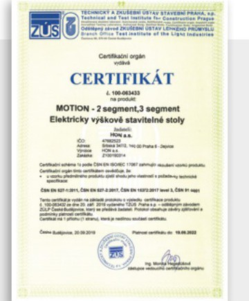 Certifikát ZÚS — elektricky výškově stavitelné stoly MOTION