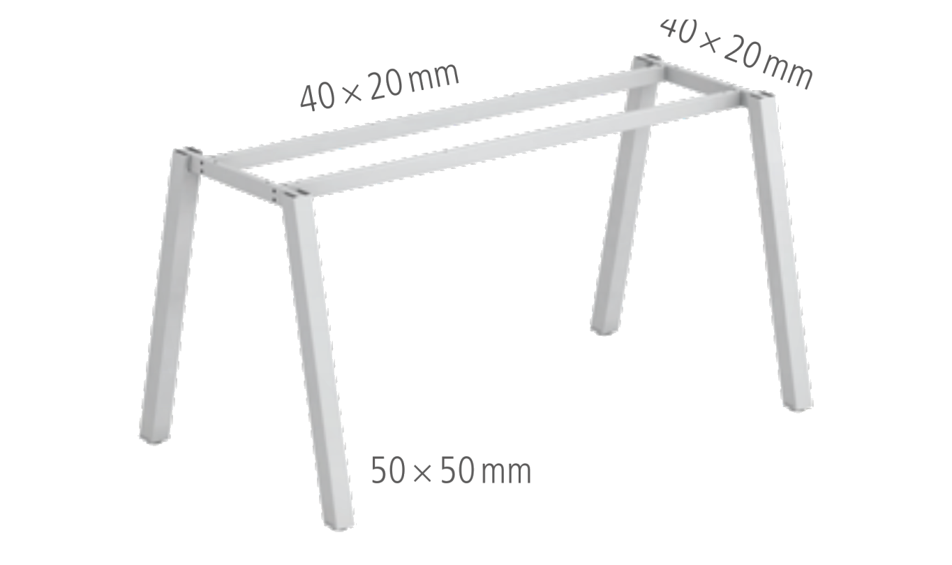 Nákres kovové podnože ve tvaru A stolu HOBIS Uni A UJ A 1400 — profil 50 × 50 mm, spojovací profily 40 × 20 mm