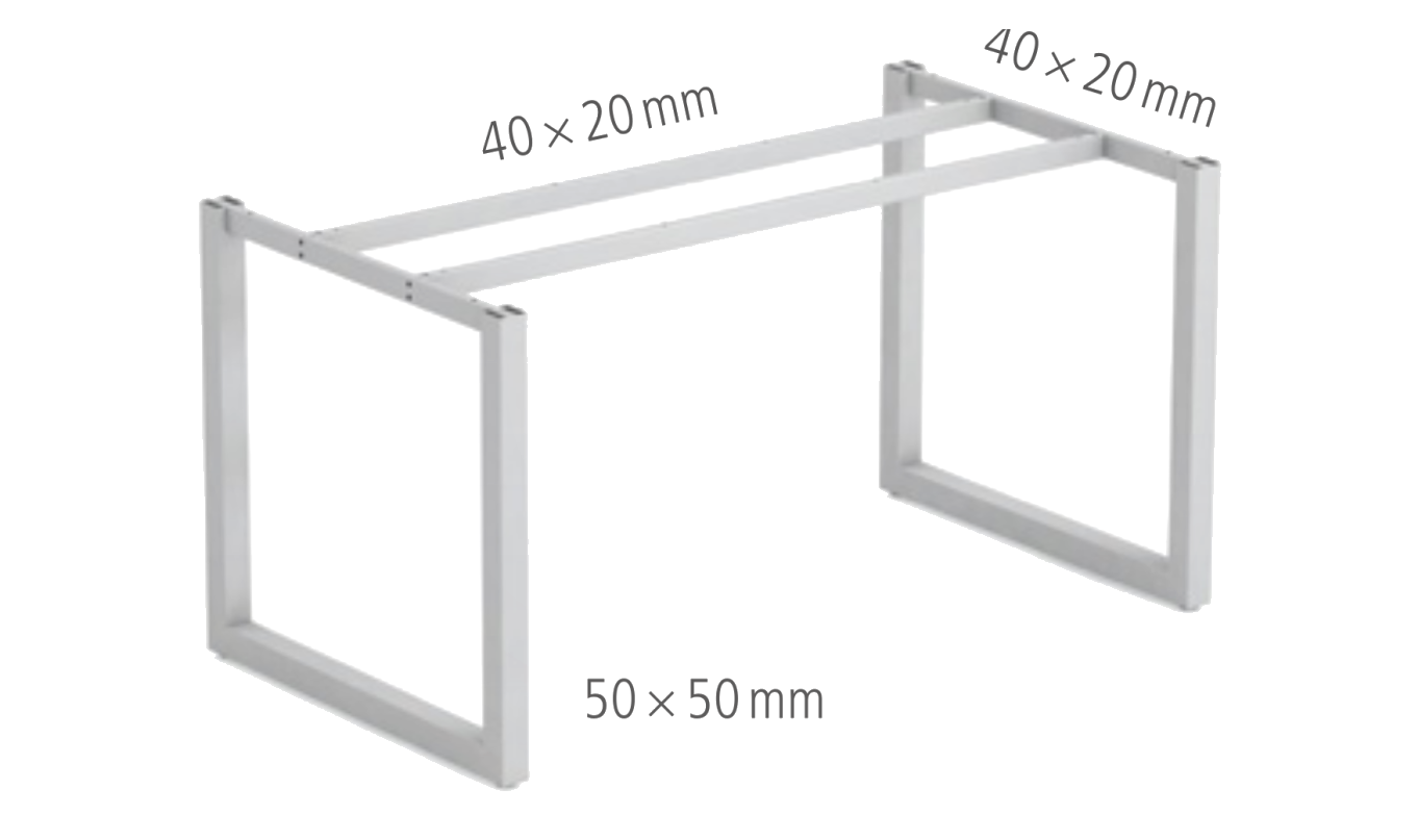 Nákres kovové podnože ve tvaru O stolu HOBIS Uni O UL 600 — profil 50 × 50 mm, spojovací profily 40 × 20 mm